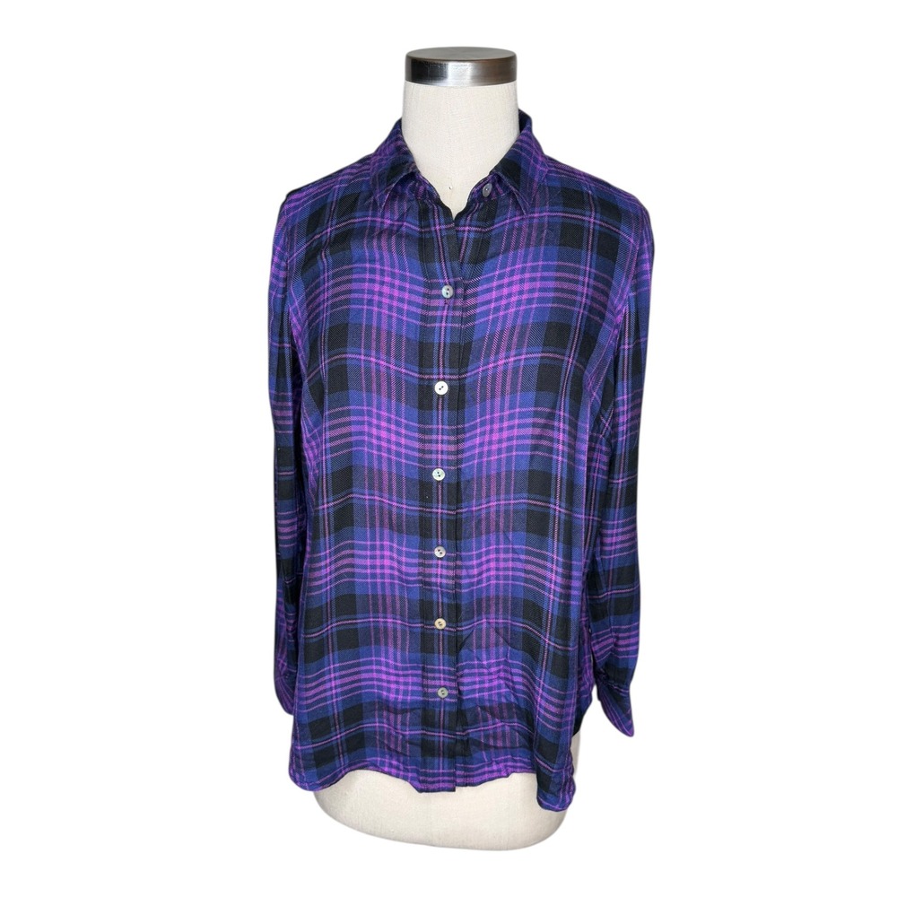 J. JILL Purple Button Down Shirt Plaid Grunge‎ Rayon Women's Size XSP Petite